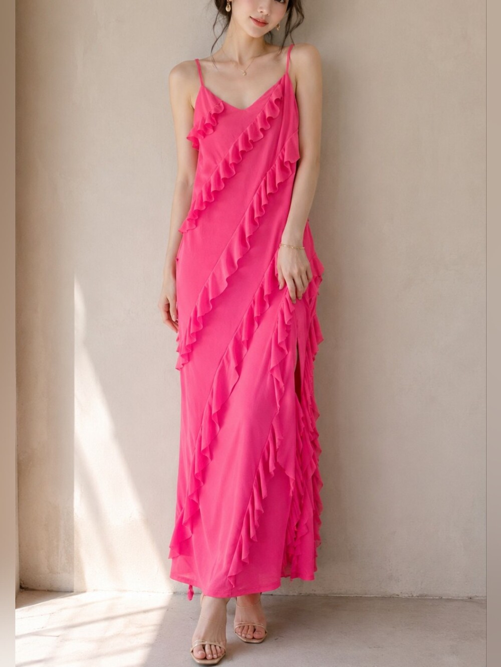 Sincerely Jules Hot Pink Ruffle Maxi Dress